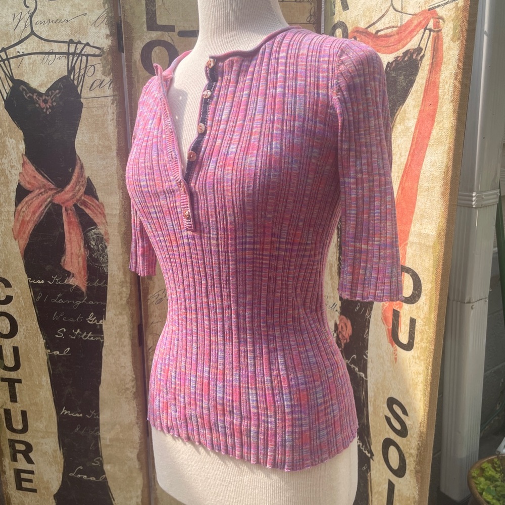 Sundance Legends Pink Space Dye Ribbed Henley ½ Sleeve Size M